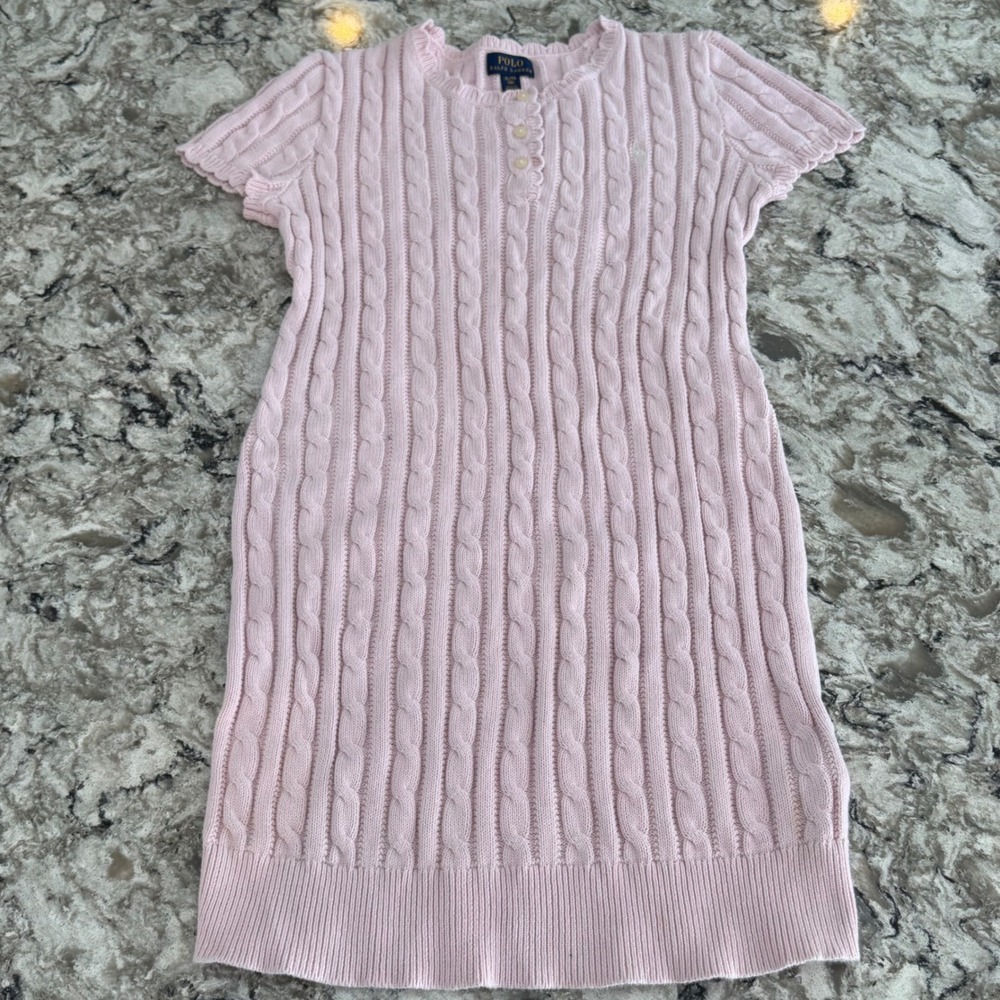 Ralph Lauren Girls Pink Cable Knit Short Sleeve Sweater Dress Pony XL 16‎